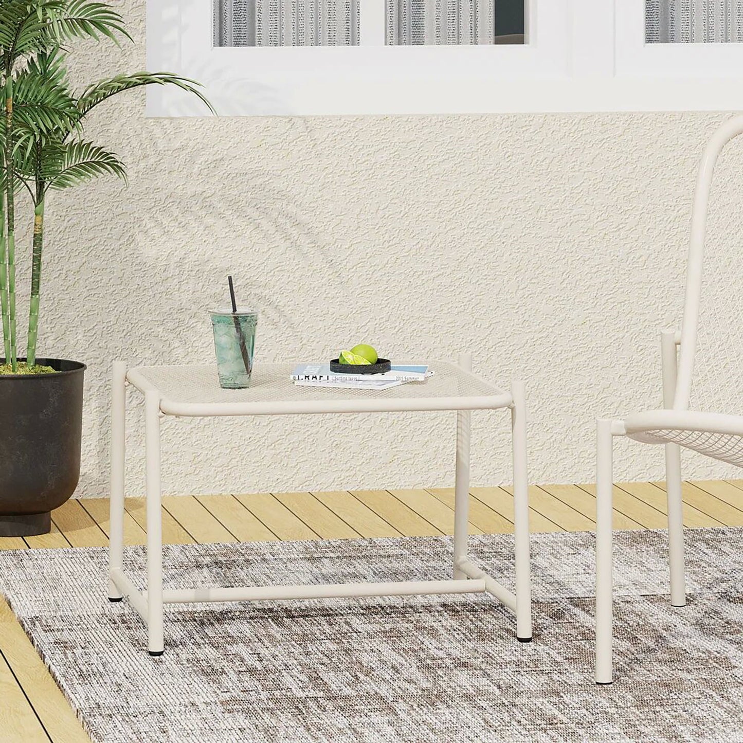 Outdoor Side Table With Metal Frame - White