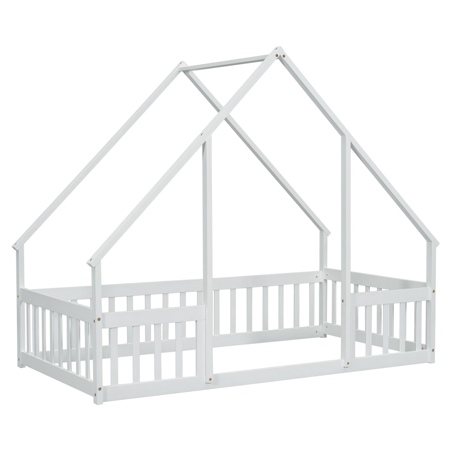 Twin Wood House-Shaped Floor Bed With Fence, Guardrails - White