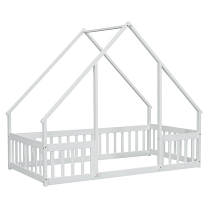 Twin Wood House-Shaped Floor Bed With Fence, Guardrails - White