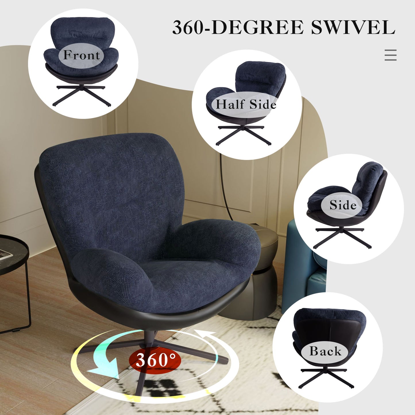 360ÔøΩÔøΩ Swivel Office Chair, Modern Chenille Chair With And Metal Base Frame, No Wheels, Accent Chair - Dark Blue