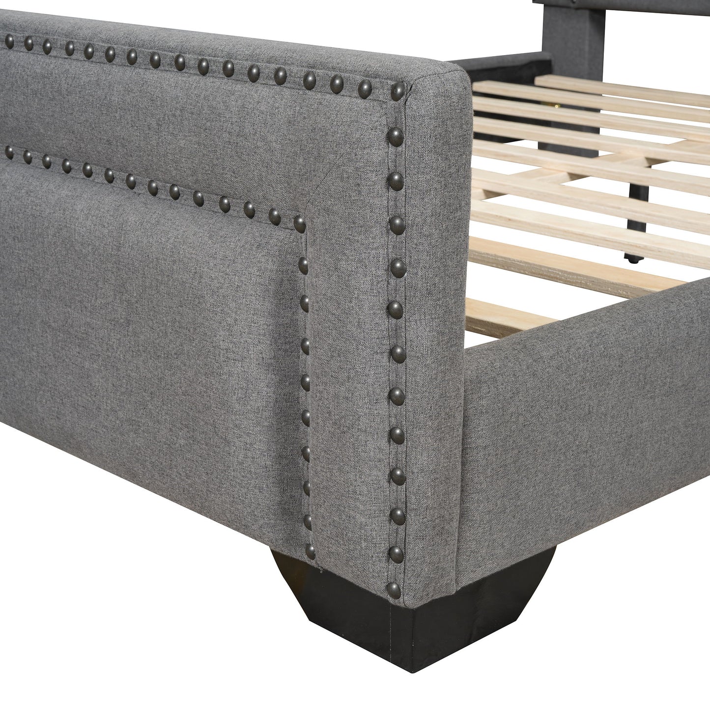 Queen Size Upholstered Bed With Slats Support, No Box Spring Needed - Gray