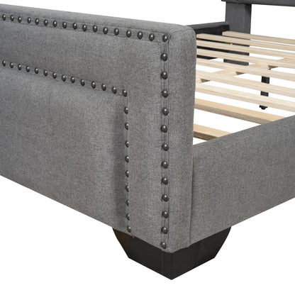 Queen Size Upholstered Bed With Slats Support, No Box Spring Needed - Gray