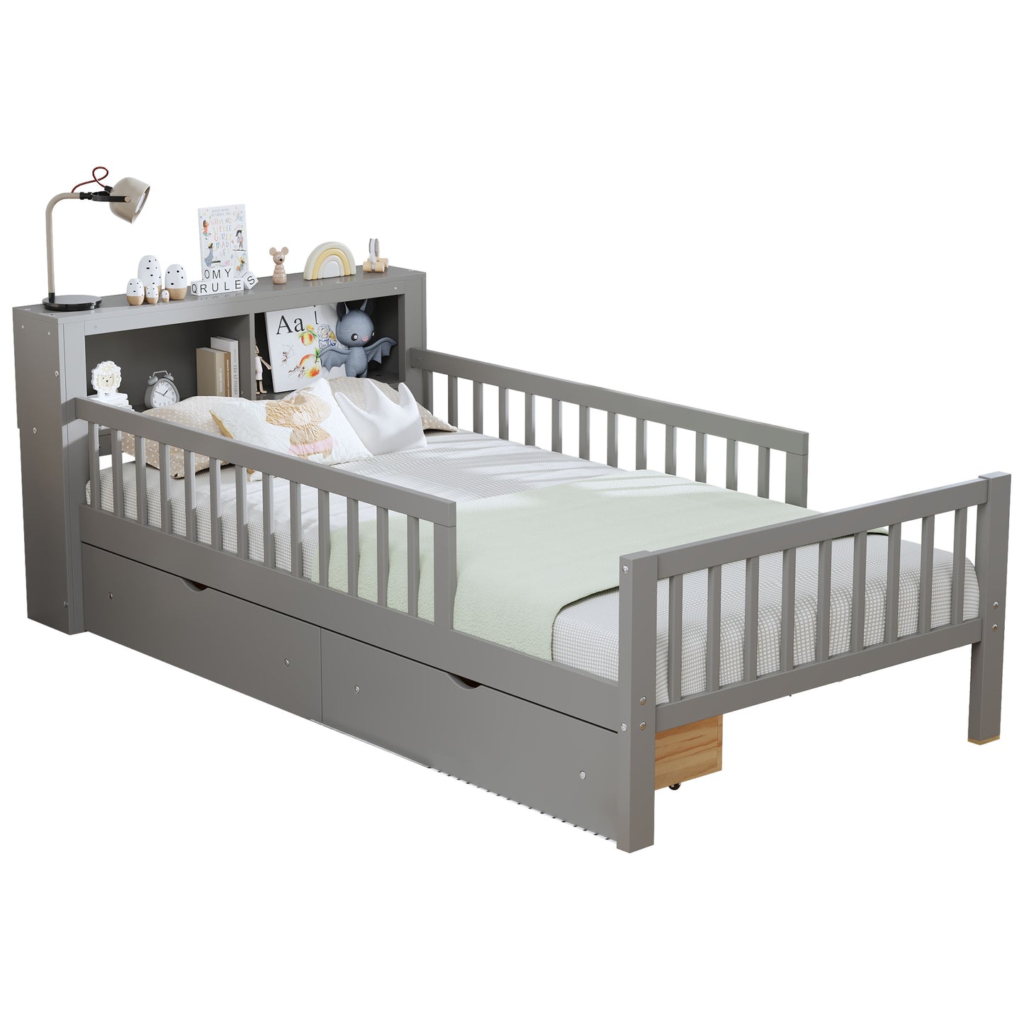 Twin Size Bed With Headboard Storage Rack, 2 Under Bed Drawers, 3 - Side Guardrails For Safety And Security - Gray