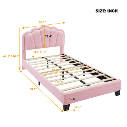 Twin Size Upholstered Flower-Shape Bed, Elegant Flowers Headboard With LED Light Strip, Sherpa Fabric Platform Bed With Slats Support - Pink