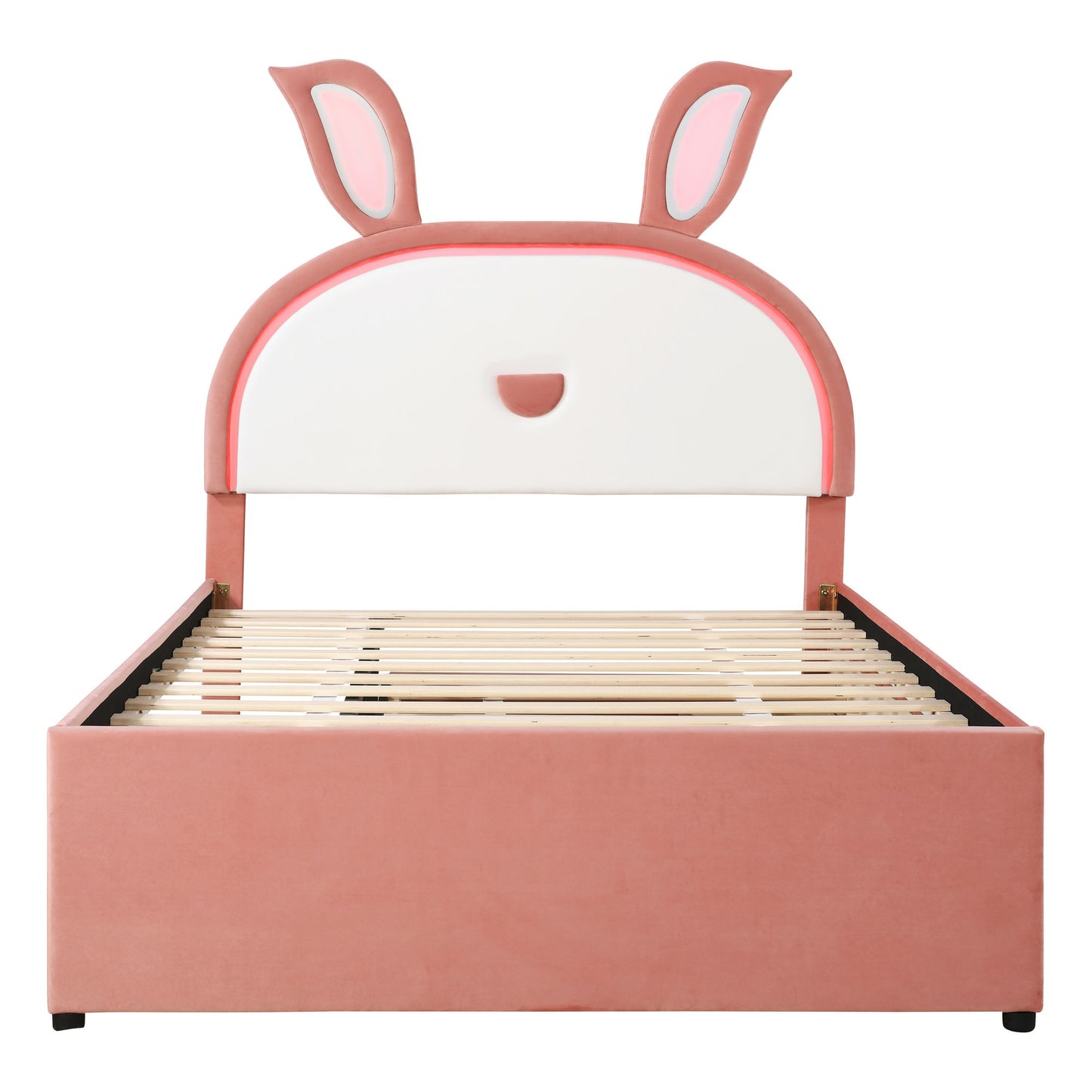 Full Size Upholstered Platform Bed With Trundle And 3 Drawers, Rabbit-Shaped Headboard With Embedded LED Lights - Pink