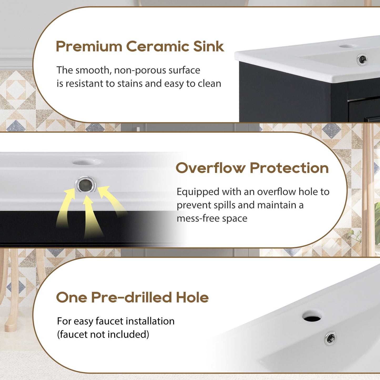 Modern Small Bathroom Vanity Cabinet With Ceramic Basin, Ample Storage, 1 Soft Close Door - Black
