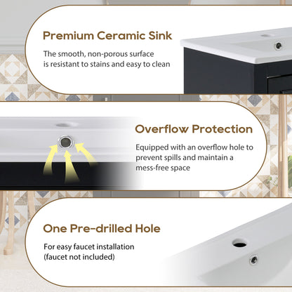 Modern Small Bathroom Vanity Cabinet With Ceramic Basin, Ample Storage, 1 Soft Close Door - Black