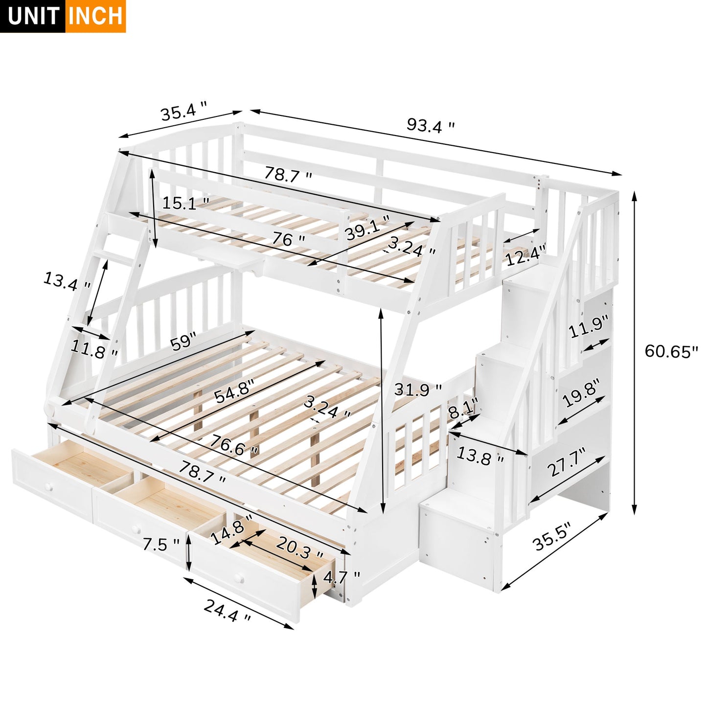 Twin Over Full Bunk Bed With Drawers, Ladder And Storage Staircase - White