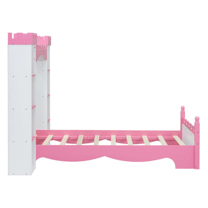 Castle Shaped Bed With Storage Shelf, Dreamy Twin Size Platform Bed For Kids Bedroom - White / Pink
