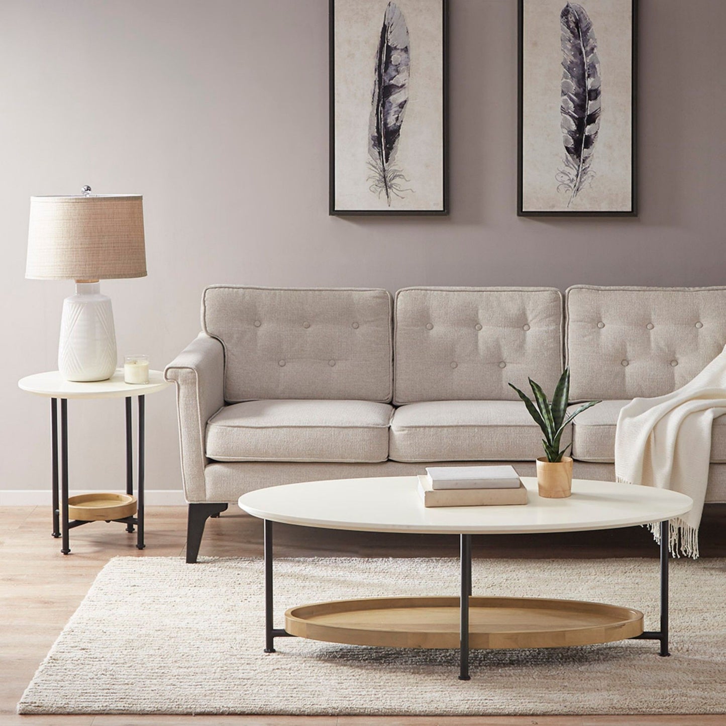 Oval End Table With Metal Legs - White / Natural