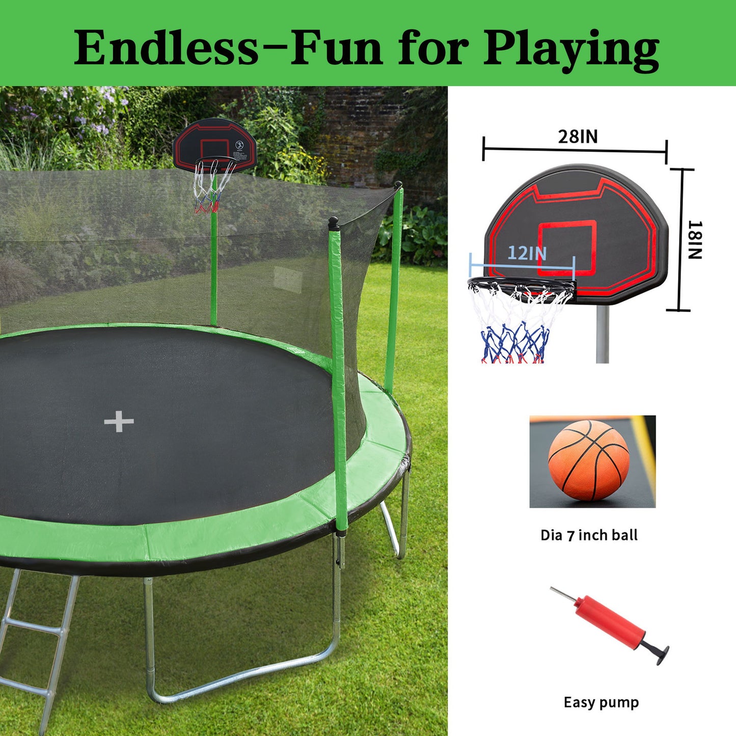 15Ft Trampoline With Basketball Hoop Inflator And Ladder (Inner Safety Enclosure) - Green