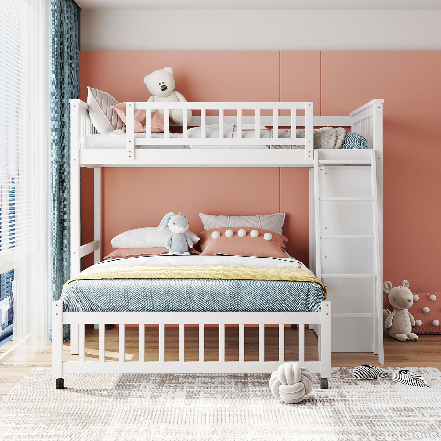 Twin Over Full Bunk Bed With 6 Drawers And Flexible Shelves, Bottom Bed With Wheels - White