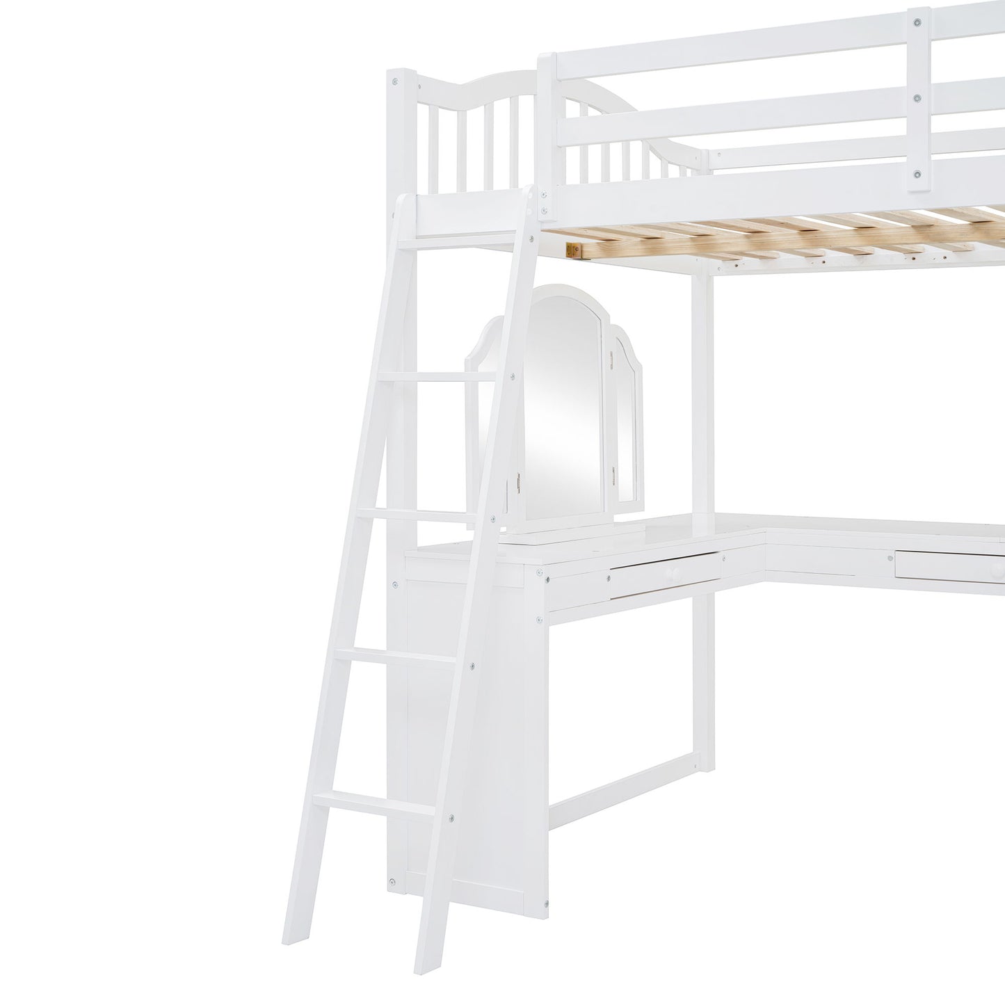 Full Loft Bed With U Shaped Desk, Storage Compartments And Tri Fold Mirror - White