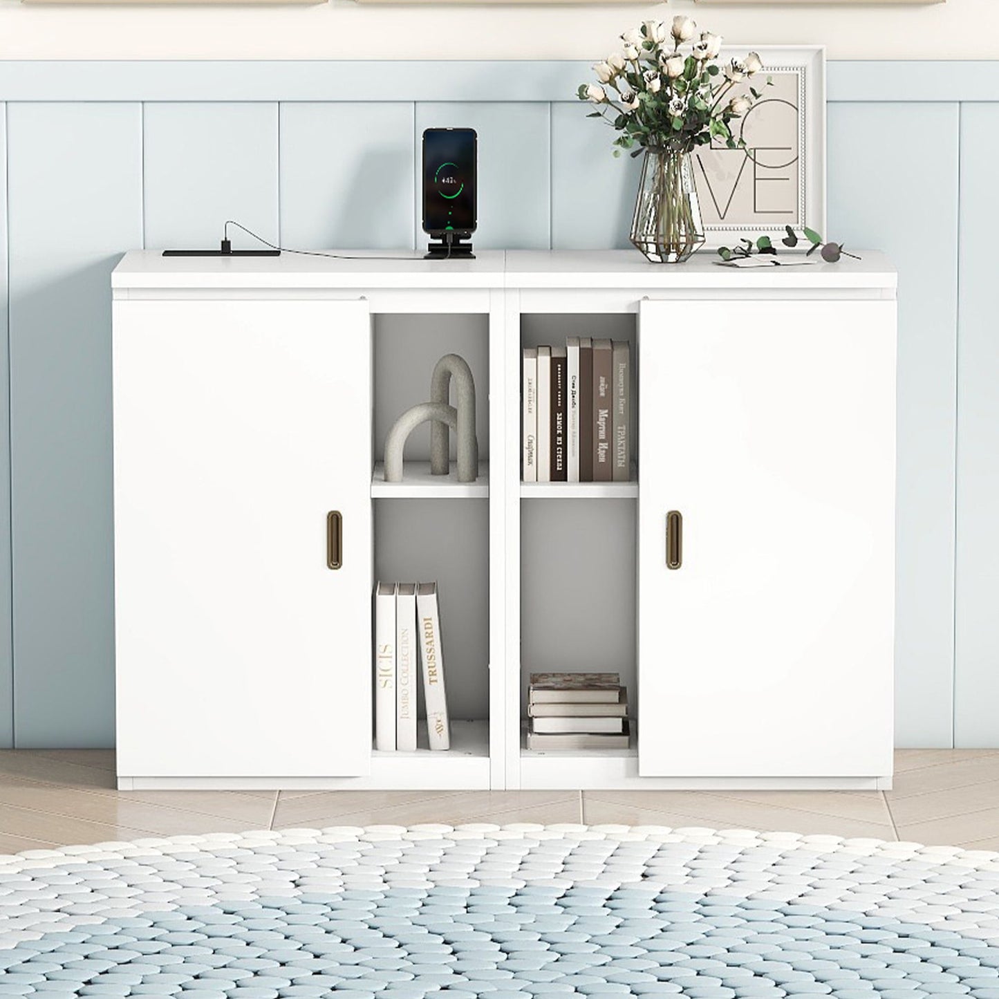 Queen Size Murphy Bed With Shelves, Cabinets And USB Ports - White
