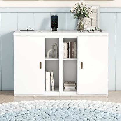 Queen Size Murphy Bed With Shelves, Cabinets And USB Ports - White