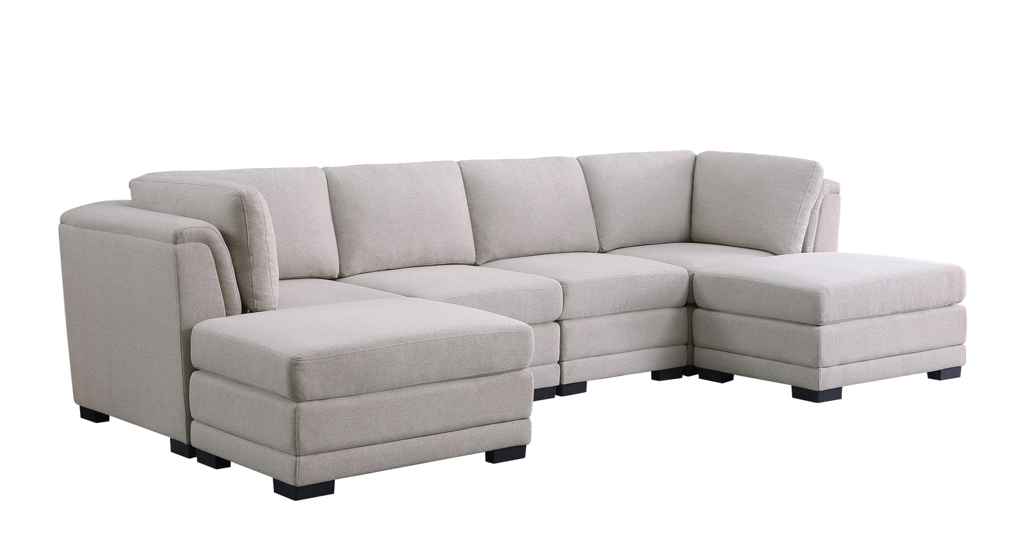 Kristin - Linen Fabric Reversible Sectional Sofa With 2 Ottomans - Light Gray