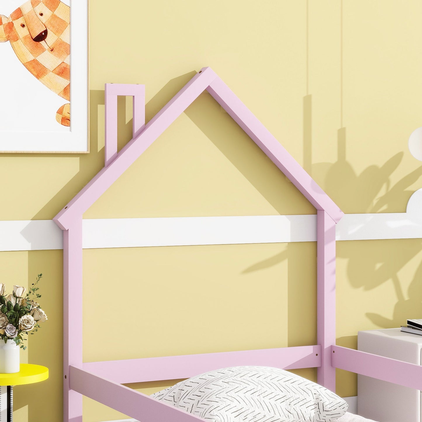 Twin Size Wood Bed With House-Shaped Headboard Floor Bed With Fences - Pink