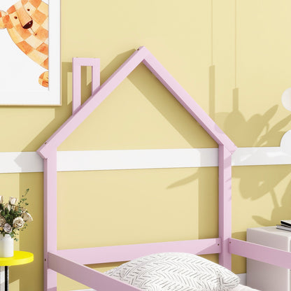 Twin Size Wood Bed With House-Shaped Headboard Floor Bed With Fences - Pink