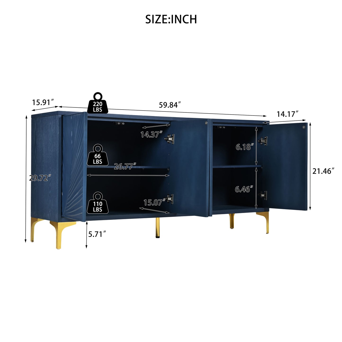 Modern 4 Door Sideboard With Creative Carved Surface And Adjustable Shelves - Light Blue