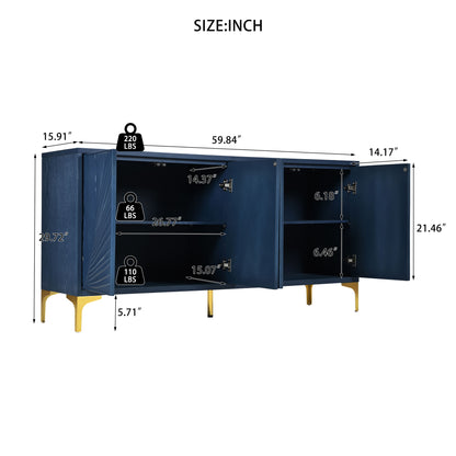 Modern 4 Door Sideboard With Creative Carved Surface And Adjustable Shelves - Light Blue