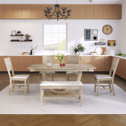 Topmax - 6 Piece Wood Half Round Dining Table Set Kitchen Table Set With Long Bench And 4 Dining Chairs, Modern Style - Natural