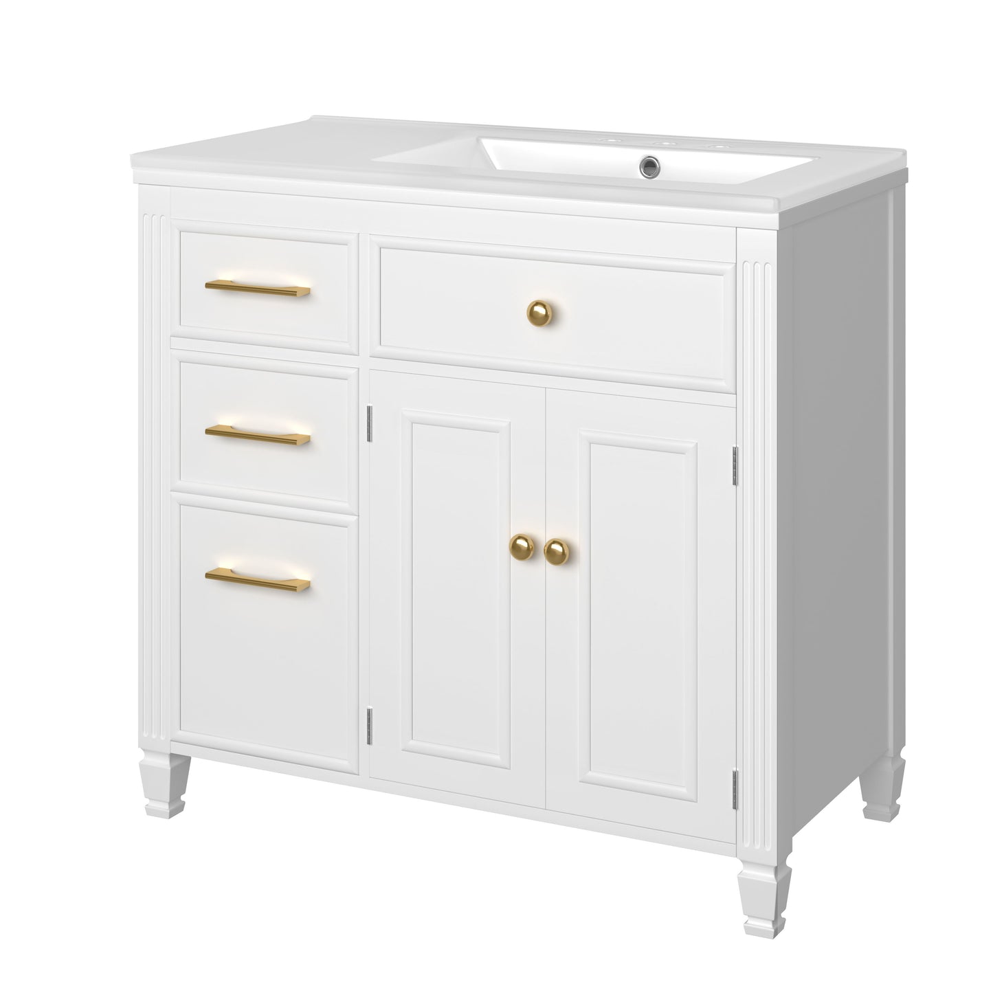 Modern Bathroom Vanity With Ceramic Sink, Freestanding, One Tip - Out Drawer, 3 Side Drawers, Adjustable Shelf - White
