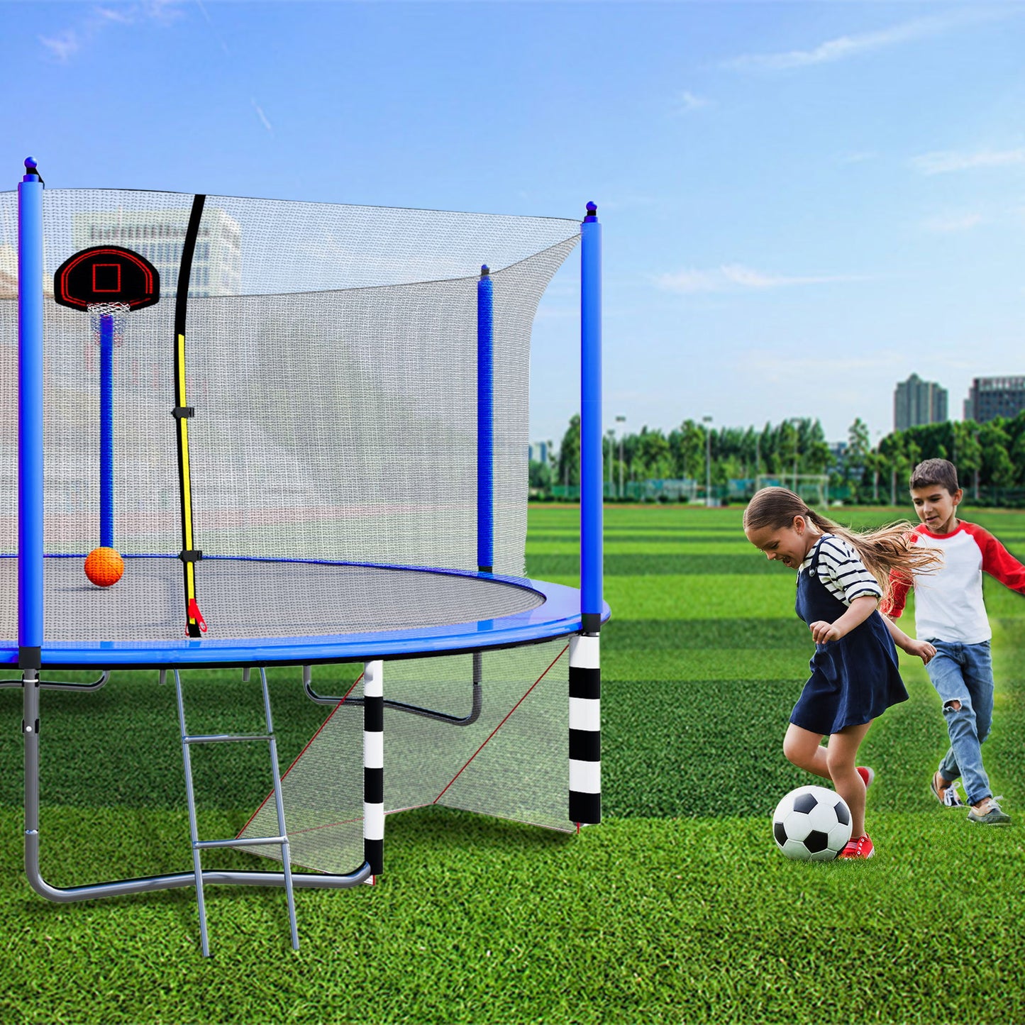 16Ft Trampoline With Basketball Hoop Pump And Ladder (Inner Safety Enclosure) With Soccer Goal - Blue