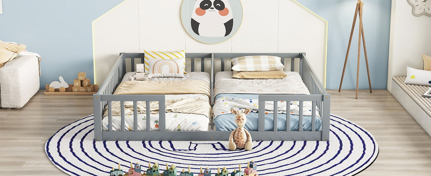 Double Twin Floor Bed With Fence, Guardrails, Without Door - Gray