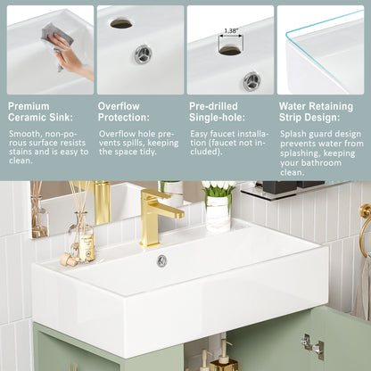 Bathroom Vanity, Combo Cabinet, Bathroom Storage Cabinet, Single Ceramic Sink, Left Side Storage - Green
