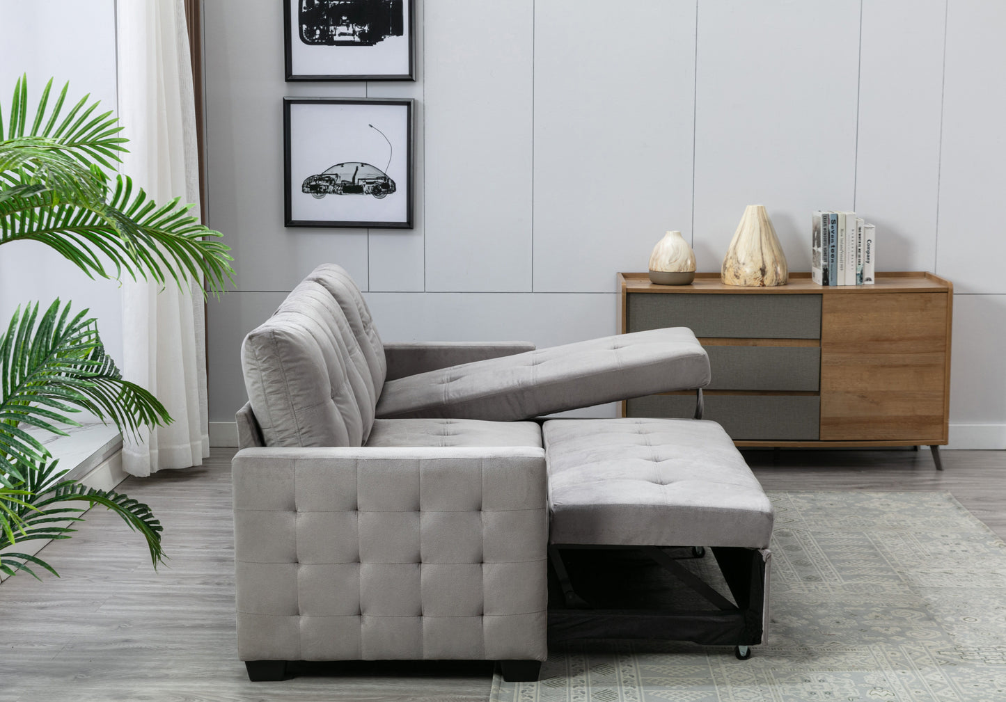 Reversible Sectional Storage Sleeper Sofa Bed, L-Shape 2 Seat Sectional Chaise With Storage, Skin-Feeling Velvet Fabric - Light Gray