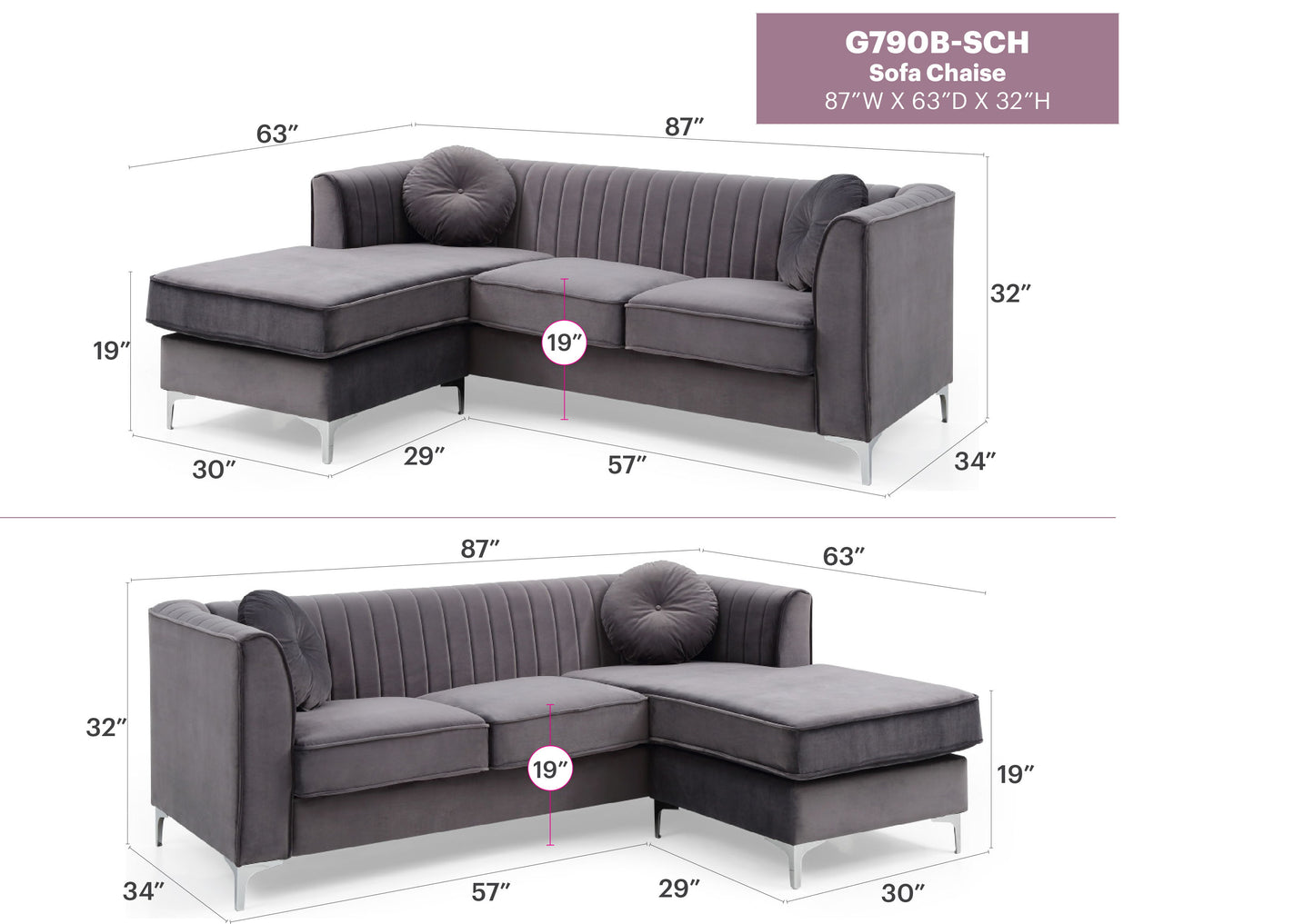 Delray - Sofa Chaise - Gray