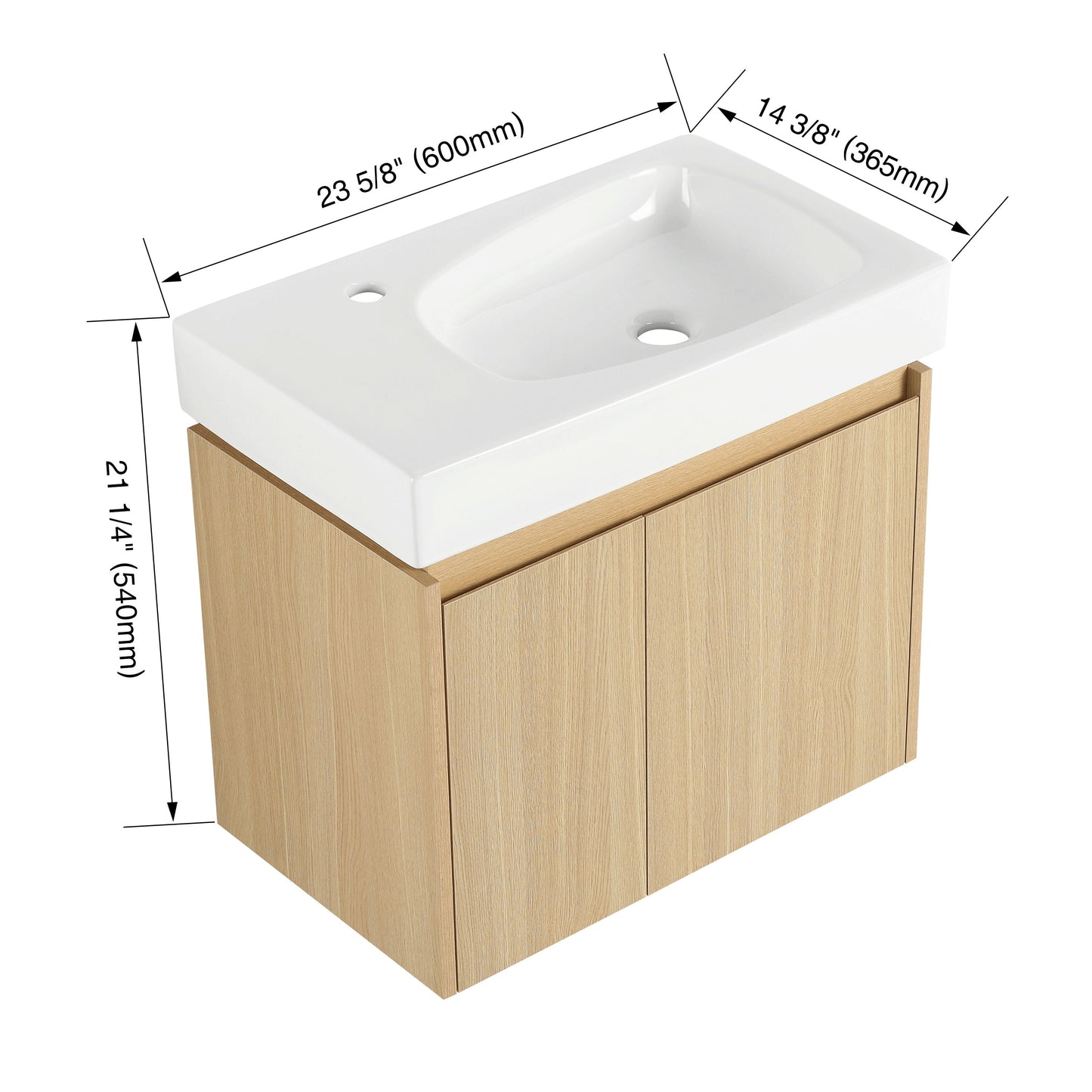 Modern 24" Bathroom Vanity With Ceramic Basin, Wall Mounted Floating Sink Combo, Wooden Storage Cabinet - Oak