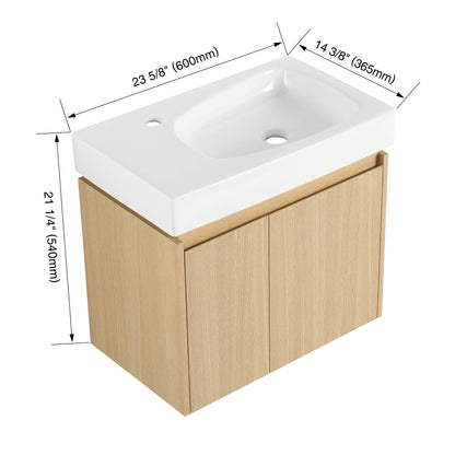 Modern 24" Bathroom Vanity With Ceramic Basin, Wall Mounted Floating Sink Combo, Wooden Storage Cabinet - Oak
