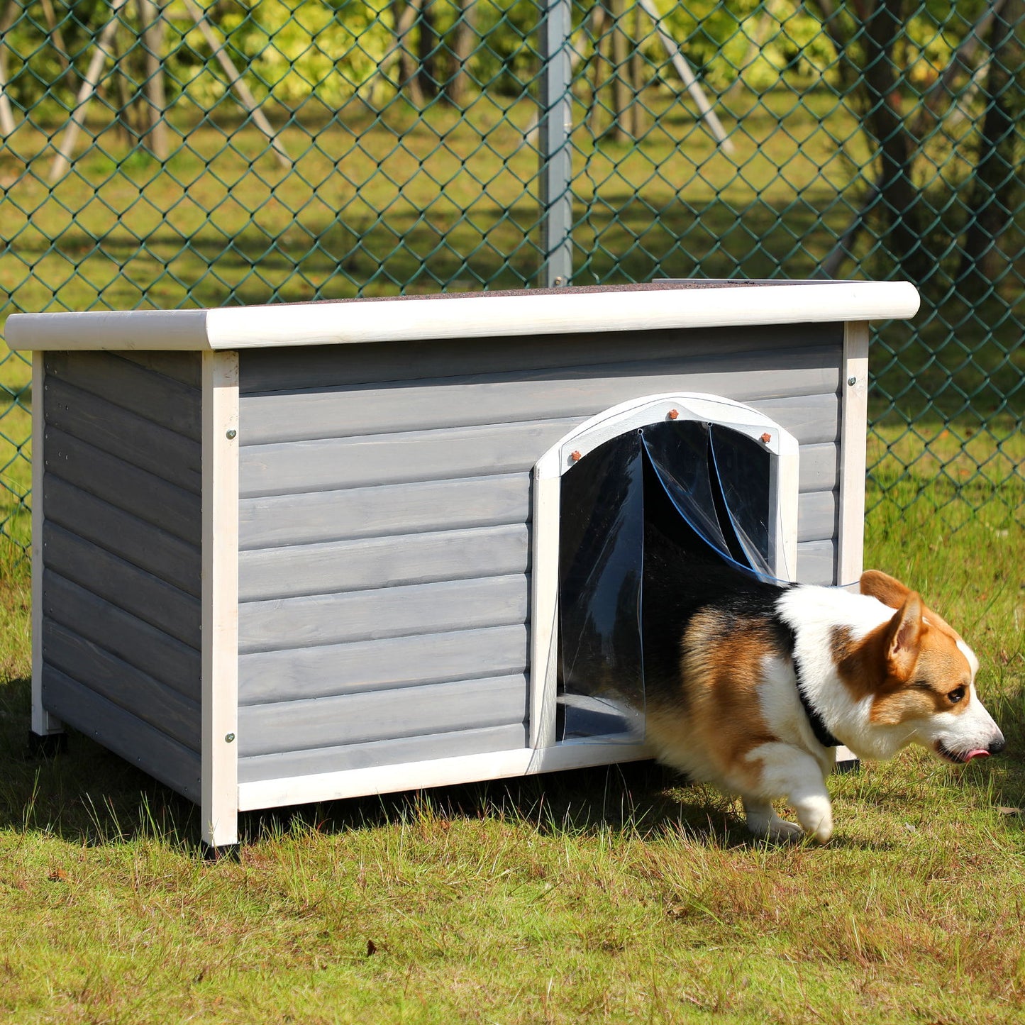 Medium Wooden Outdoor Dog House, Waterproof Roof, Elevated Floor, Adjustable Plastic Feet - Gray