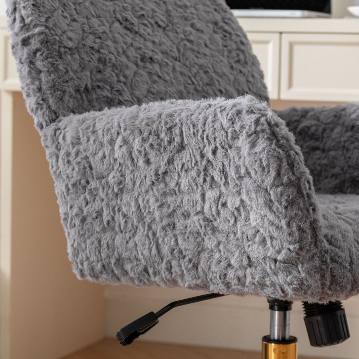Office Chair, Artificial Rabbit Hair Home Office Chair With Golden Metal Base, Adjustable Desk Chair Swivel Office Chair, Vanity Chair - Gray