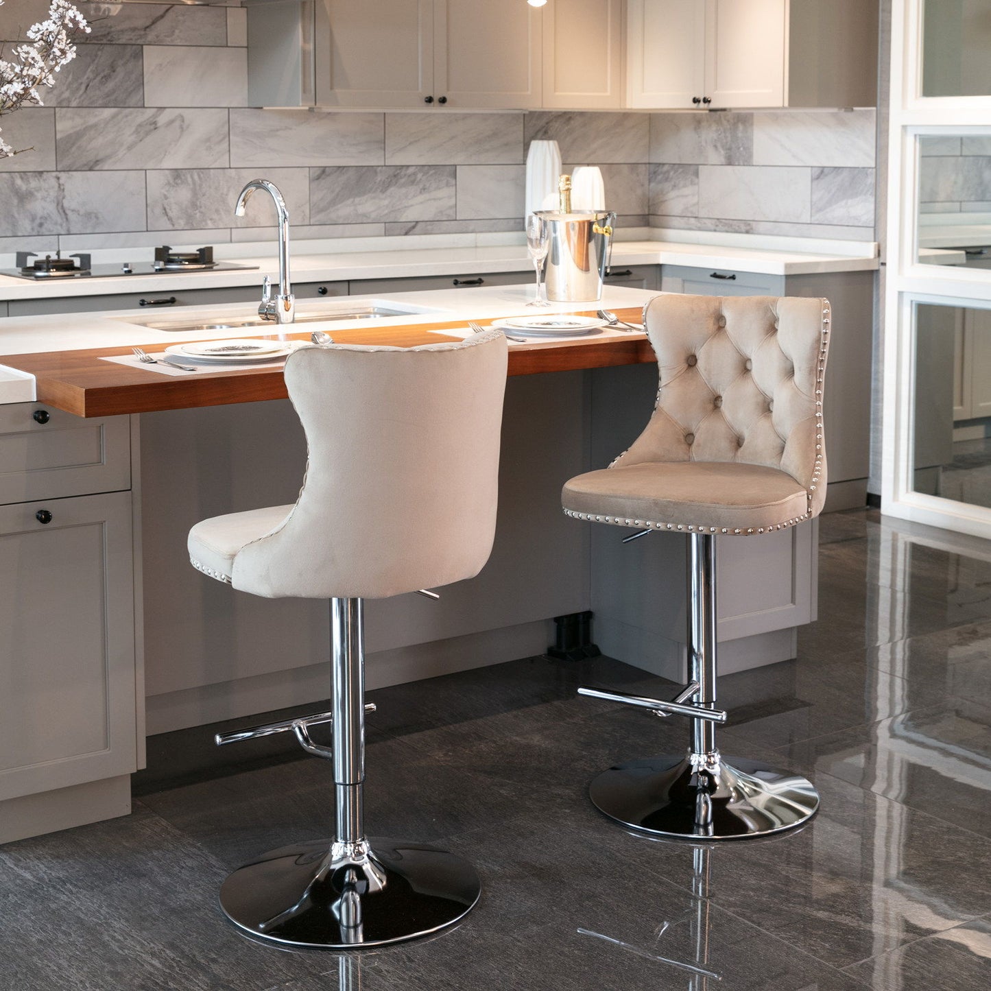 Swivel Velvet Barstools Adjusatble Seat Height From 25-33", Modern Upholstered Chrome Base Bar Stools With Backs Comfortable Tufted For Home Pub And Kitchen Island (Set of 2) - Khaki