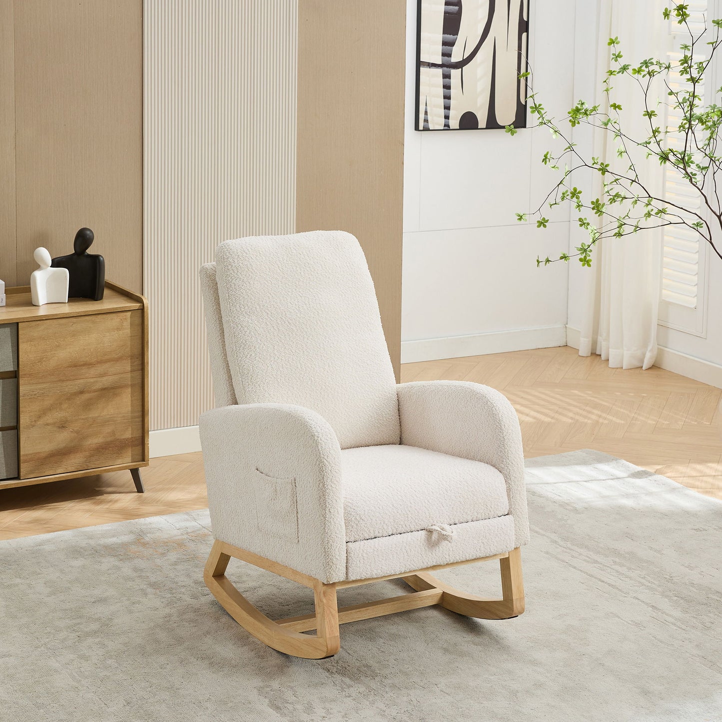 Rocking Chair For Nursery, High Back Glider With Retractable Footrest, Boucle Upholstery, Rubber Wood Legs - Ivory