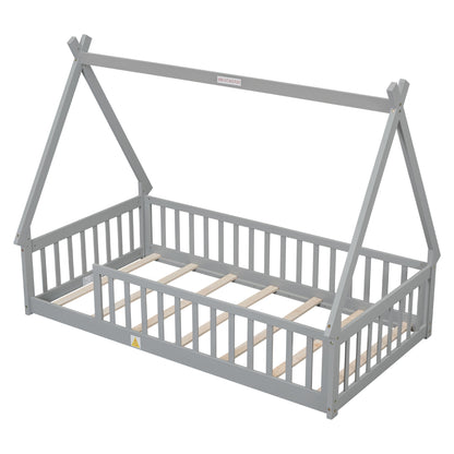 Twin Tent-Shaped Floor Bed, Teepee Bed With Guardrails, Slats - Gray