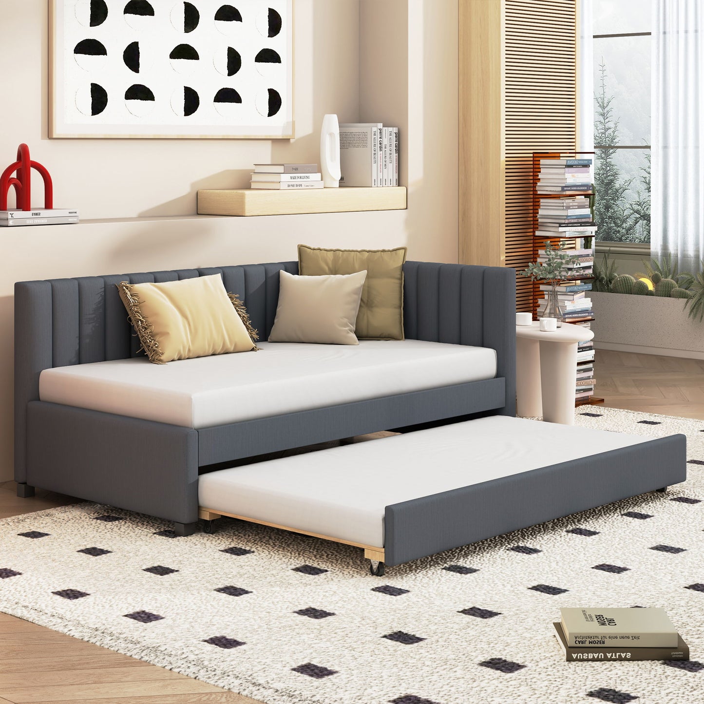 Upholstered Daybed With Trundle Twin Size Sofa Bed Frame No Box Spring Needed, Linen - Gray