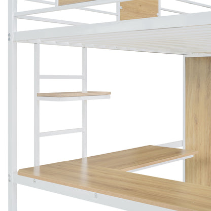 Twin Size Loft Bed With L Shape Desk And Wardrobe - White