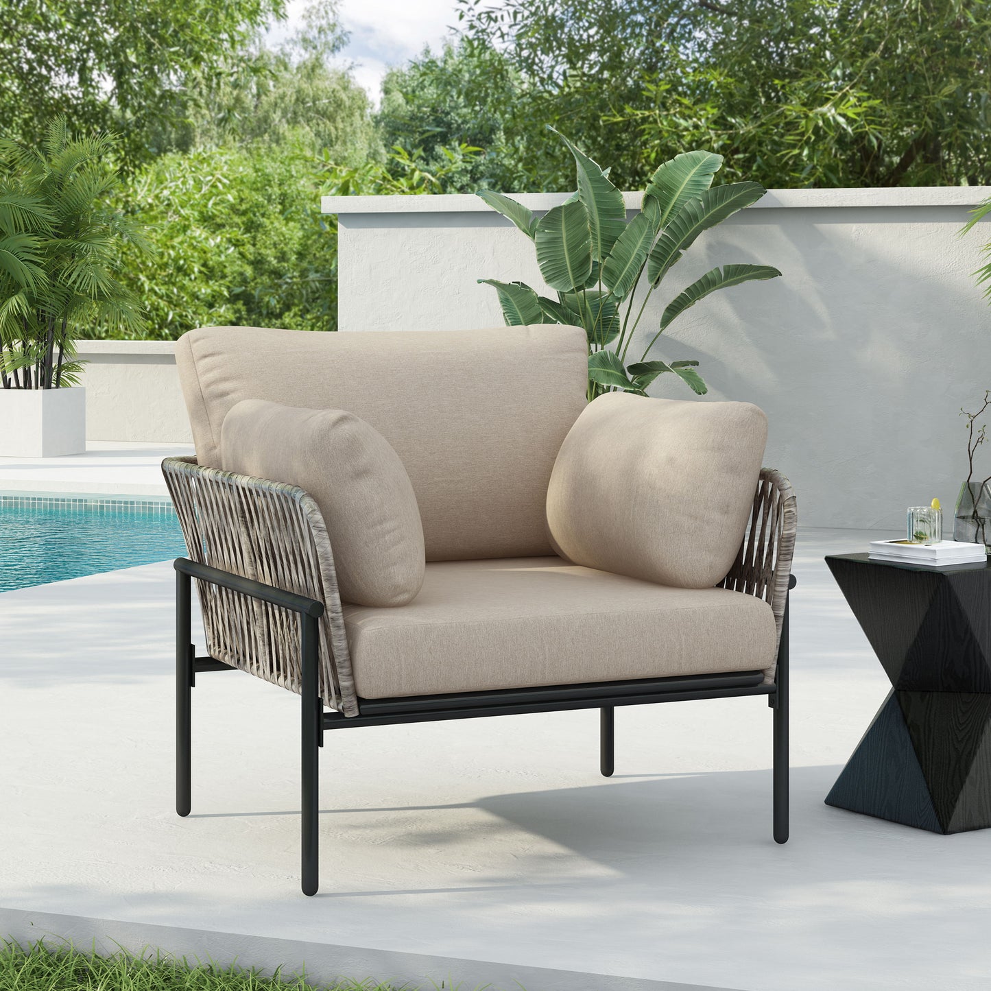 Modern Iron Lounge Chair With Rope Weave And Plush Cushions For Indoor / Outdoor Relaxation - Beige / Gray