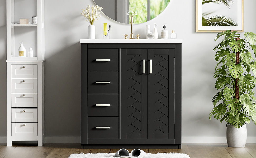 Bathroom Vanity With Ceramic Sink Combo, Frame Bathroom Storage Cabinet, Freestanding Vanity Set With 3 Drawers & Soft Closing Doors - Black