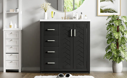 Bathroom Vanity With Ceramic Sink Combo, Frame Bathroom Storage Cabinet, Freestanding Vanity Set With 3 Drawers & Soft Closing Doors - Black