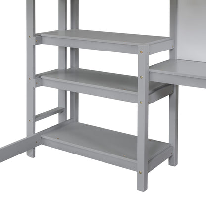 Full Size Loft Bed With Shelves, Desk And Writing Board - Gray