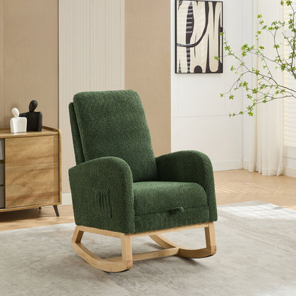 Boucle High Back Glider Rocking Chair With Retractable Footrest And Rubber Wood Legs For Nursery And Living Room - Green