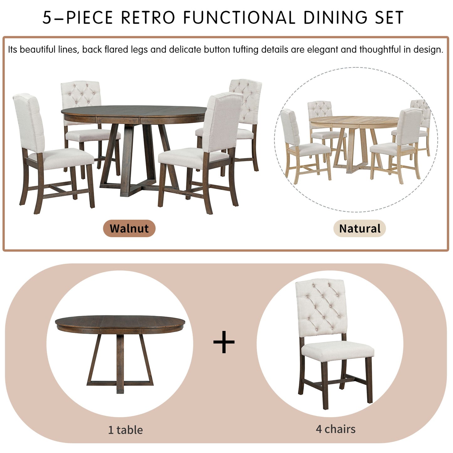 5 Piece Retro Functional Dining Set, Round Table With Leaf And 4 Upholstered Chairs For Dining Room And Living Room - Walnut