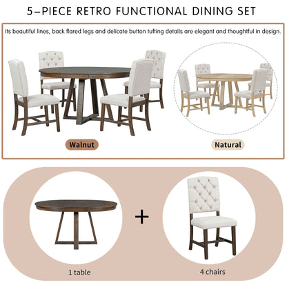 5 Piece Retro Functional Dining Set, Round Table With Leaf And 4 Upholstered Chairs For Dining Room And Living Room - Walnut