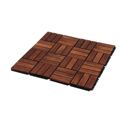 Acacia Wood Interlocking Deck Tiles Checker Pattern, 10 Piece Square Acacia Hardwood Outdoor Flooring For Patio, Bancony, Pool Side - Brown
