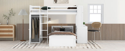 Twin Size Loft Bed With A Stand Alone Bed, Shelves, Desk, And Wardrobe - White