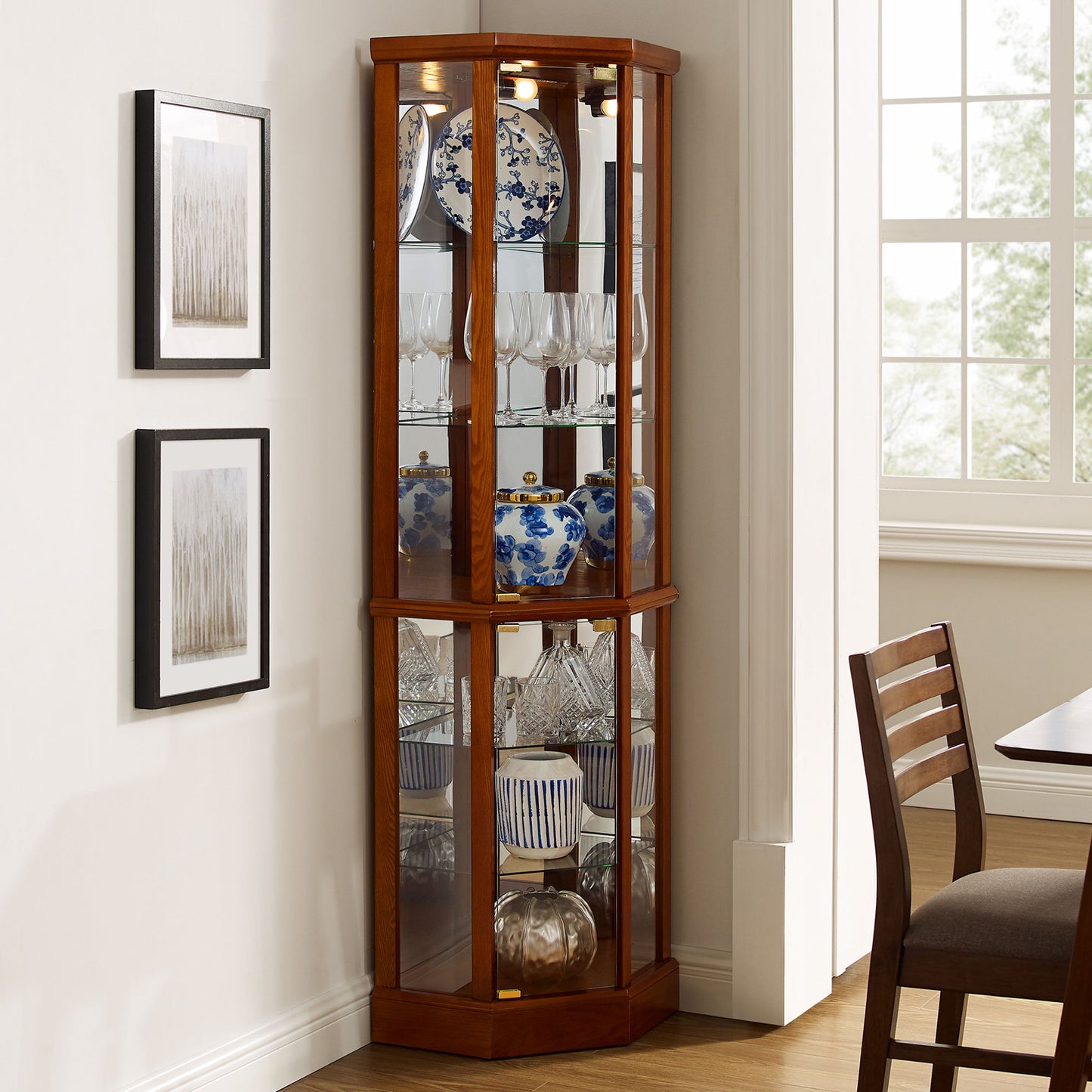6 Shelf Lighted Corner Curio Cabinet With Adjustable Tempered Glass Shelves And Mirror Back (E26 Light Bulb Not Included) - Oak